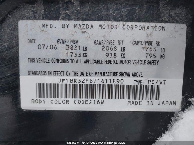 2007 Mazda Mazda3 მანქანა იყიდება აუქციონზე, vin: JM1BK32F871611890, აუქციონის ნომერი: 12516671