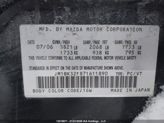2007 Mazda Mazda3 მანქანა იყიდება აუქციონზე, vin: JM1BK32F871611890, აუქციონის ნომერი: 12516671