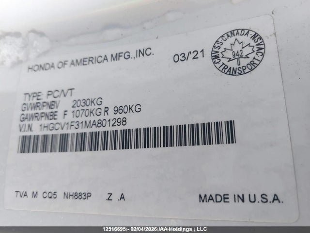 1HGCV1F31MA801298 Honda Accord Sport 1.5t