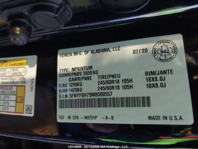 Продажа на аукционе авто 2021 Honda Pilot Ex-l Navi, vin: 5FNYF6H79MB500557, номер лота: 12516698