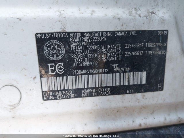2T3BWRFV4KW018112 Toyota Rav4 Hybrid Le