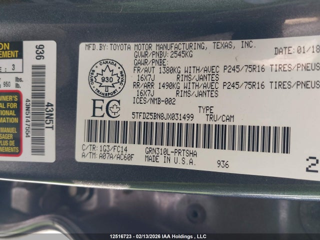 5TFDZ5BN8JX031499 Toyota Tacoma Dbl Cab/sr5/trd Sport/or