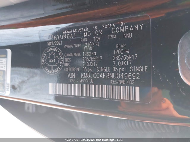 Продаж на аукціоні авто 2022 Hyundai Tucson Sel, vin: KM8JCCAE8NU049692, номер лоту: 12516736
