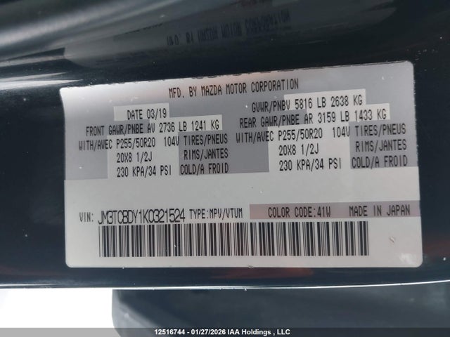 Продажа на аукционе авто 2019 Mazda Cx-9 Grand Touring, vin: JM3TCBDY1K0321524, номер лота: 12516744