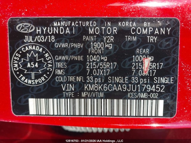 KM8K6CAA9JU179452 Hyundai Kona