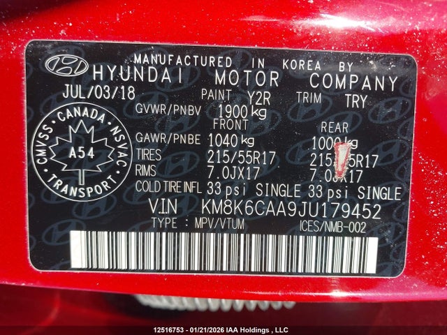 KM8K6CAA9JU179452 Hyundai Kona