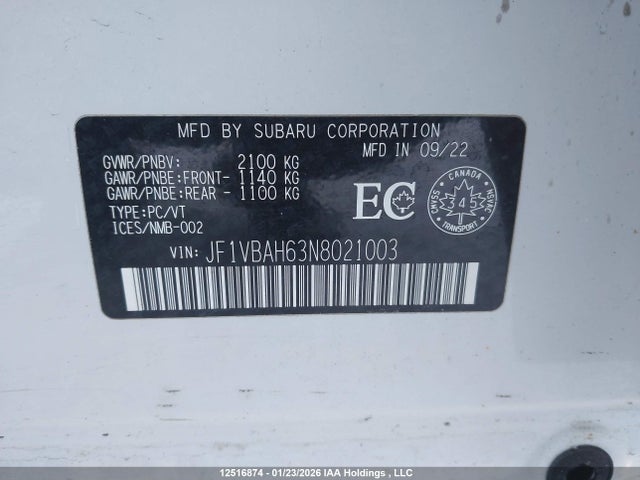 JF1VBAH63N8021003 Subaru Wrx Sport