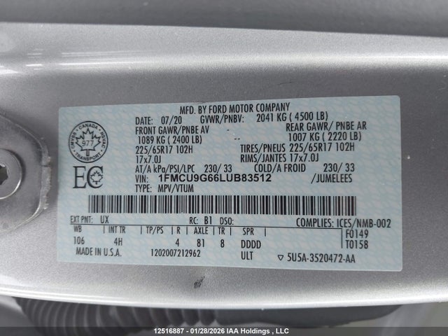 1FMCU9G66LUB83512 Ford ESCAPE SE