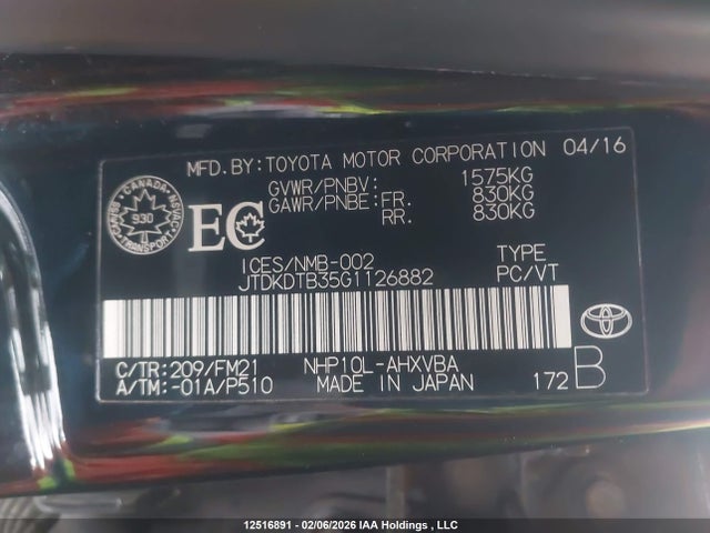 JTDKDTB35G1126882 Toyota PRIUS C
