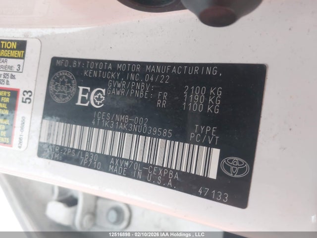 12516898 :رقم المزاد ، 4T1K31AK3NU039585 vin ، 2022 Toyota Camry Hybrid Xse مزاد بيع