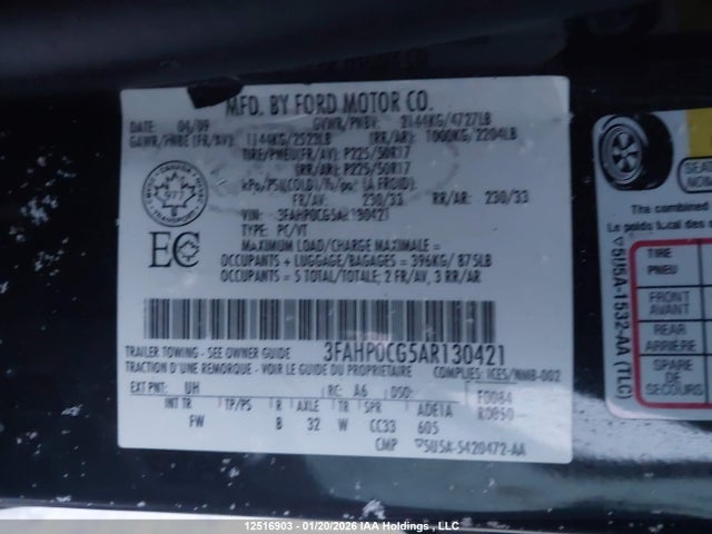 Aukcja sprzedaży 2010 Ford Fusion Sel, vin: 3FAHP0CG5AR130421, numer aukcji: 12516903