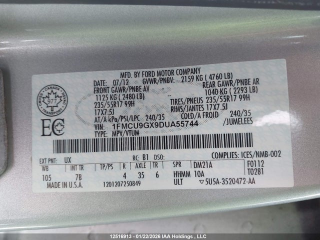Продажа на аукционе авто 2013 Ford Escape Se, vin: 1FMCU9GX9DUA55744, номер лота: 12516913
