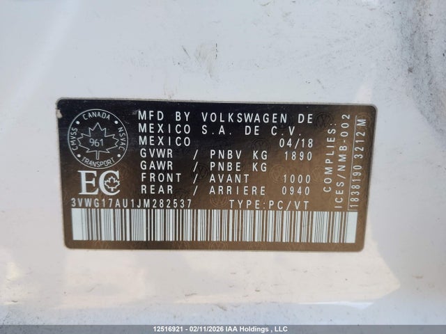 3VWG17AU1JM282537 Volkswagen Golf 1.8 Tsi Comfortline/1.8 Tsi Highline/1.8 Tsi Trendline