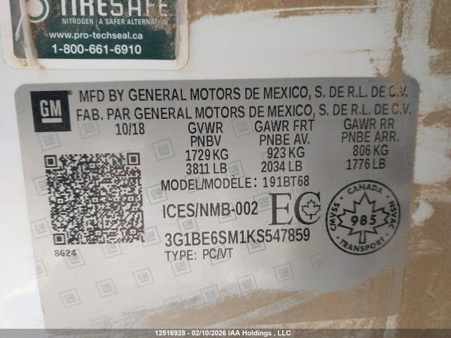 3G1BE6SM1KS547859 Chevrolet CRUZE LT