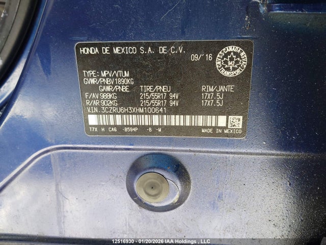 3CZRU6H3XHM100641 Honda HR-V LX