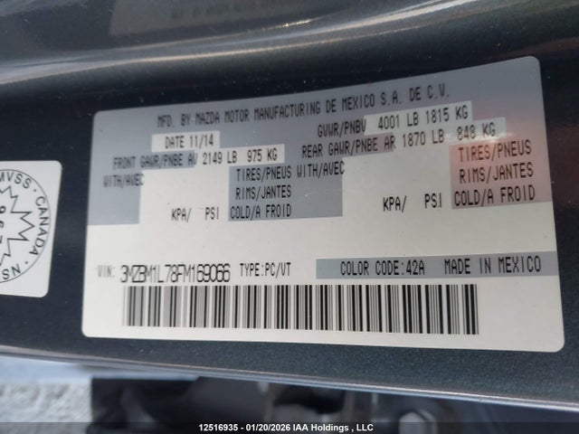 3MZBM1L78FM169066 Mazda Mazda3 Gs