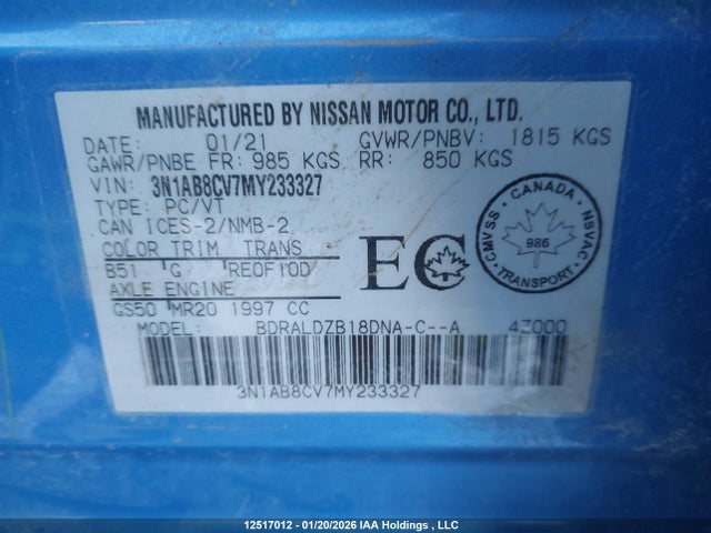 12517012 :رقم المزاد ، 3N1AB8CV7MY233327 vin ، 2021 Nissan Sentra Sv مزاد بيع