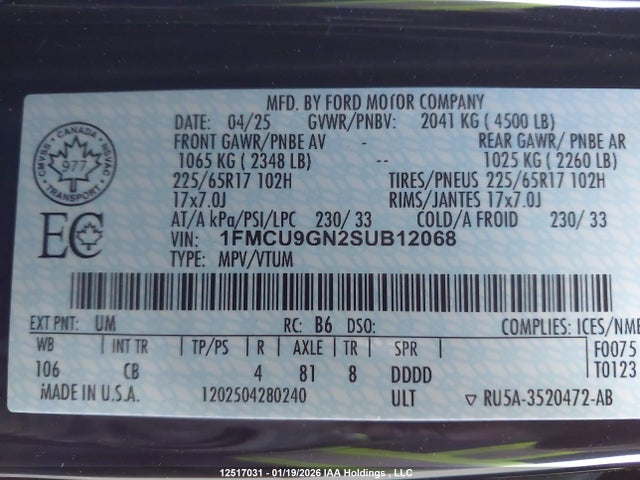 2025 Ford Escape Active მანქანა იყიდება აუქციონზე, vin: 1FMCU9GN2SUB12068, აუქციონის ნომერი: 12517031