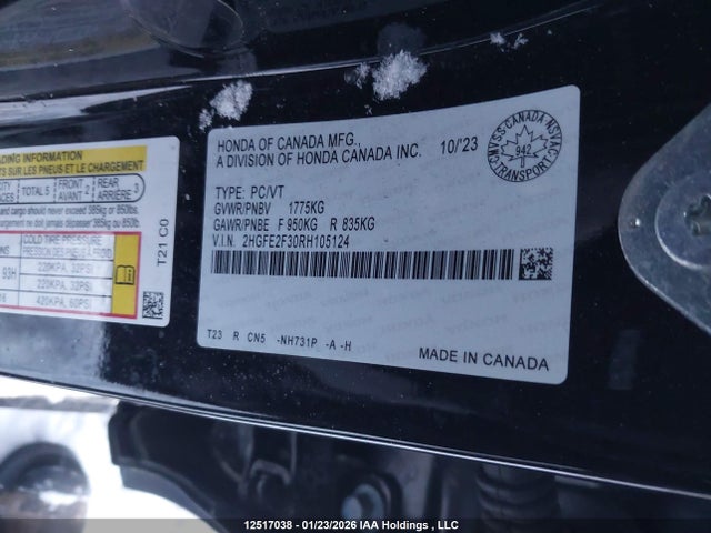 Продаж на аукціоні авто 2024 Honda Civic, vin: 2HGFE2F30RH105124, номер лоту: 12517038