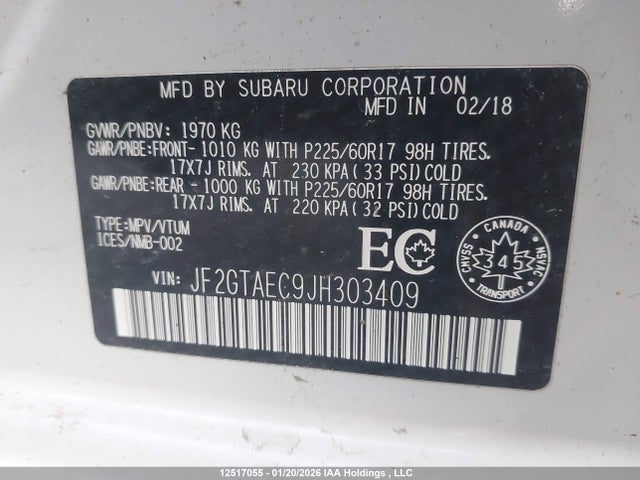 JF2GTAEC9JH303409 Subaru Crosstrek Premium