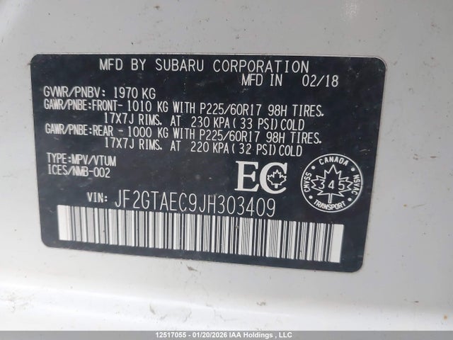 JF2GTAEC9JH303409 Subaru Crosstrek Premium