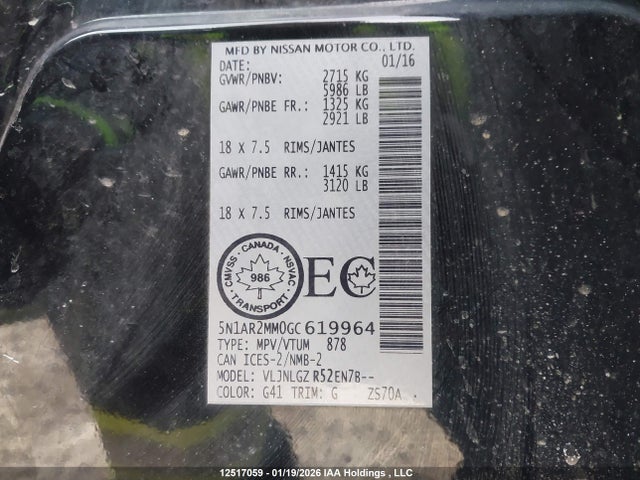 5N1AR2MM0GC619964 Nissan Pathfinder Platinum/s/sl/sv