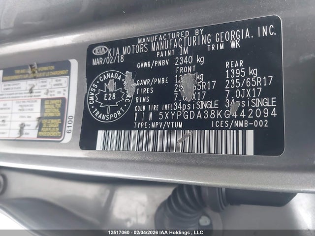 5XYPGDA38KG442094 KIA Sorento 2.4l Lx