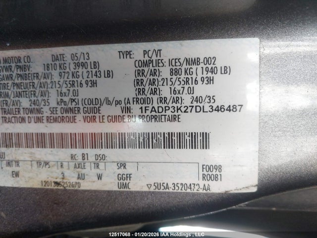 Aukcja sprzedaży 2013 Ford Focus Se, vin: 1FADP3K27DL346487, numer aukcji: 12517068