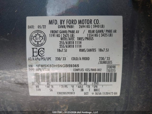 12517091 :رقم المزاد ، 1FMSK8DH5NGB59365 vin ، 2022 Ford Explorer Xlt مزاد بيع