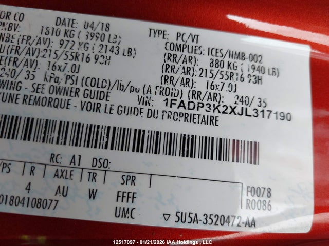 1FADP3K2XJL317190 Ford FOCUS SE