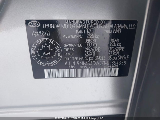 5NMS3DAJ7MH354358 Hyundai Santa Fe Preferred Awd With Trend Package
