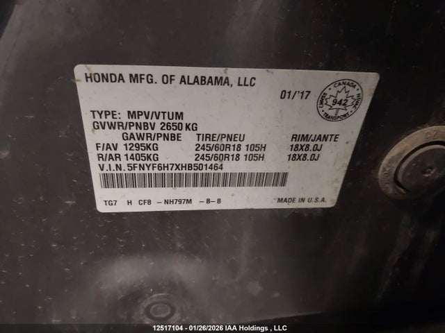 5FNYF6H7XHB501464 Honda Pilot Ex-l Navi