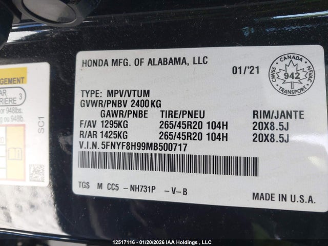 5FNYF8H99MB500717 Honda Passport Touring