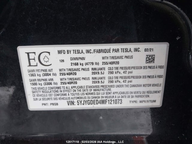 5YJYGDED4MF121073 Tesla Model Y Standard Range Rear-wheel Drive