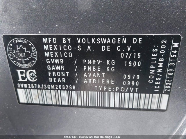 3VW267AJ3GM208286 Volkswagen Jetta 1.4 Tsi Trendline/1.4 Tsi Trendline+