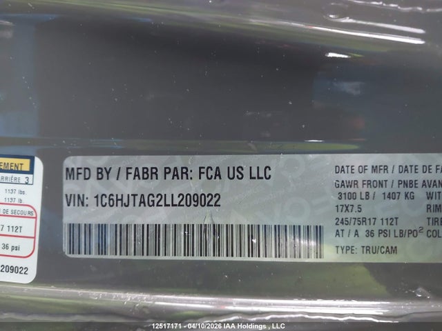 1C6HJTAG2LL209022 Jeep Gladiator Sport