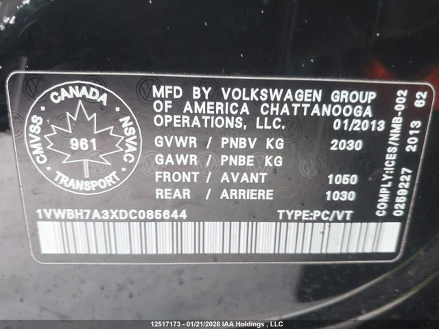 12517173 :رقم المزاد ، 1VWBH7A3XDC085644 vin ، 2013 Volkswagen Passat Se مزاد بيع