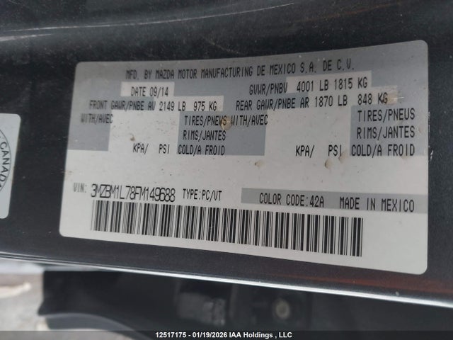 3MZBM1L78FM149688 Mazda Mazda3 Gs