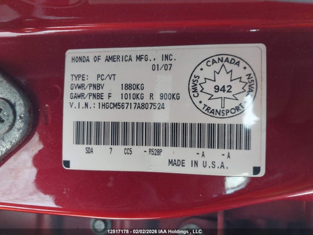 Aukcja sprzedaży 2007 Honda Accord Ex, vin: 1HGCM56717A807524, numer aukcji: 12517178
