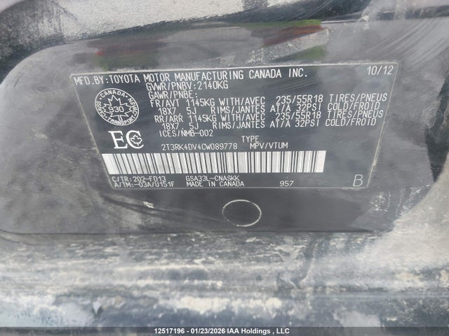2012 Toyota Rav4 Sport მანქანა იყიდება აუქციონზე, vin: 2T3RK4DV4CW089778, აუქციონის ნომერი: 12517196
