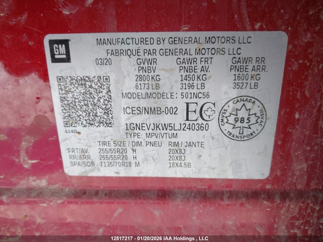 1GNEVJKW5LJ240360 Chevrolet Traverse Rs