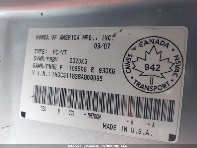 Продаж на аукціоні авто 2008 Honda Accord Exl, vin: 1HGCS11828A800095, номер лоту: 12517221