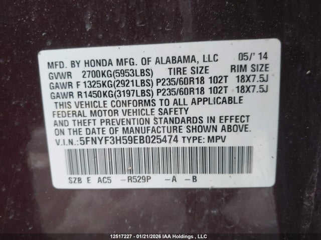Aukcja sprzedaży 2014 Honda Pilot Ex-l, vin: 5FNYF3H59EB025474, numer aukcji: 12517227