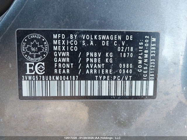 3VWG57BU8KM004187 Volkswagen Jetta 1.4 Tsi Execline