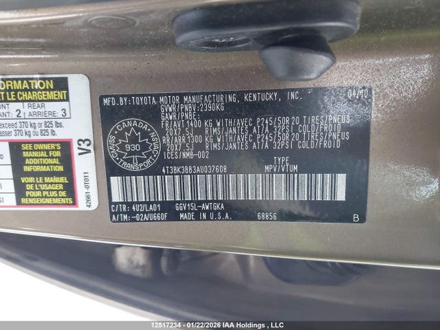 2010 Toyota Venza მანქანა იყიდება აუქციონზე, vin: 4T3BK3BB3AU037608, აუქციონის ნომერი: 12517234