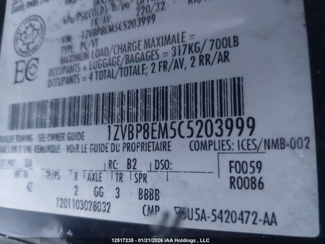 12517235 :رقم المزاد ، 1ZVBP8EM5C5203999 vin ، 2012 Ford Mustang مزاد بيع