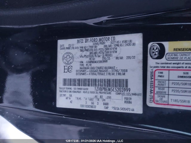 12517235 :رقم المزاد ، 1ZVBP8EM5C5203999 vin ، 2012 Ford Mustang مزاد بيع