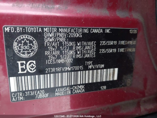2T3R1RFV9MW170015 Toyota Rav4 Xle