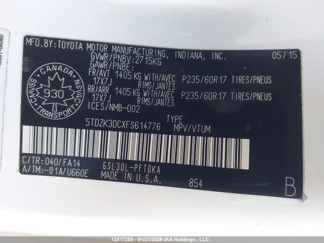 5TDZK3DCXFS614776 Toyota Sienna 7 Passenger
