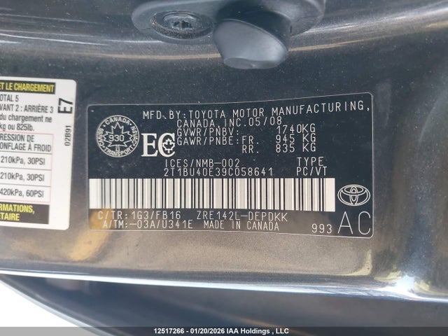 Aukcja sprzedaży 2009 Toyota Corolla S/le/xle, vin: 2T1BU40E39C058641, numer aukcji: 12517266
